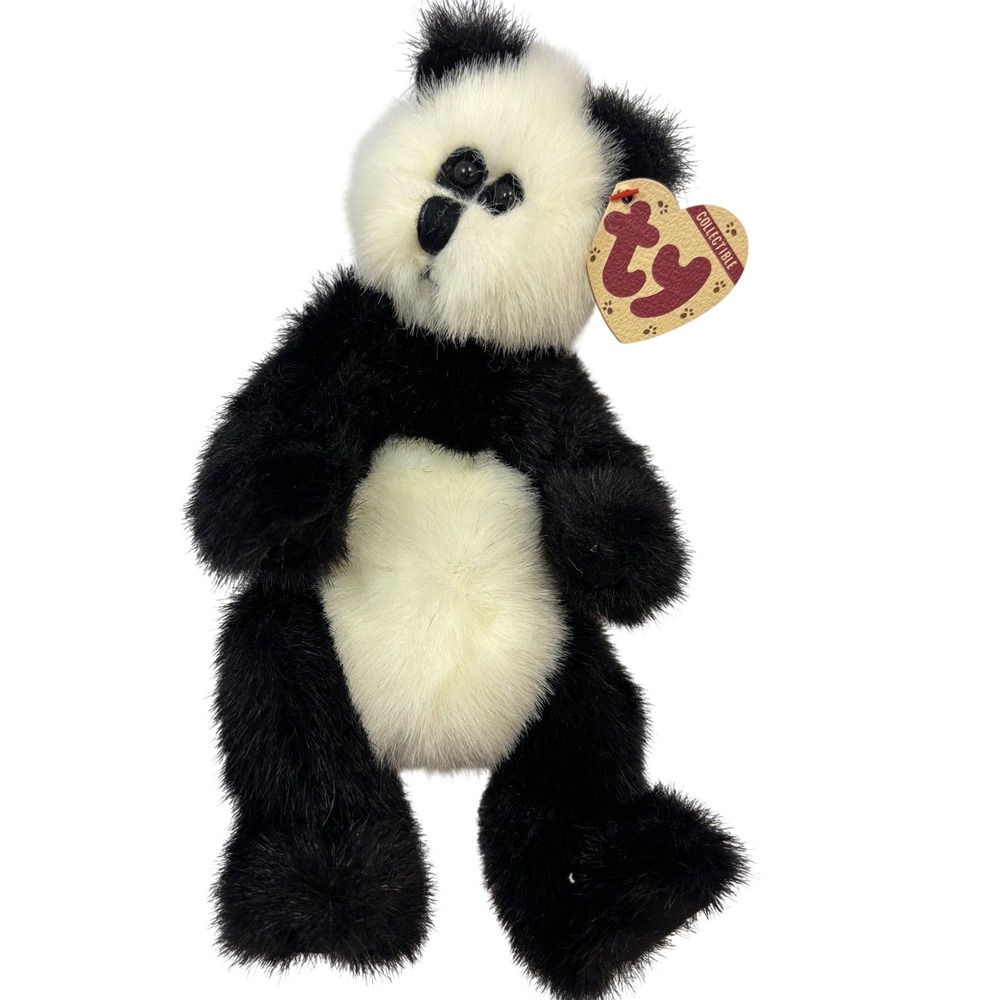 NWT Ty Collectibles Checkers Panda Bear Black White Plush Stuffed Animal 10 in